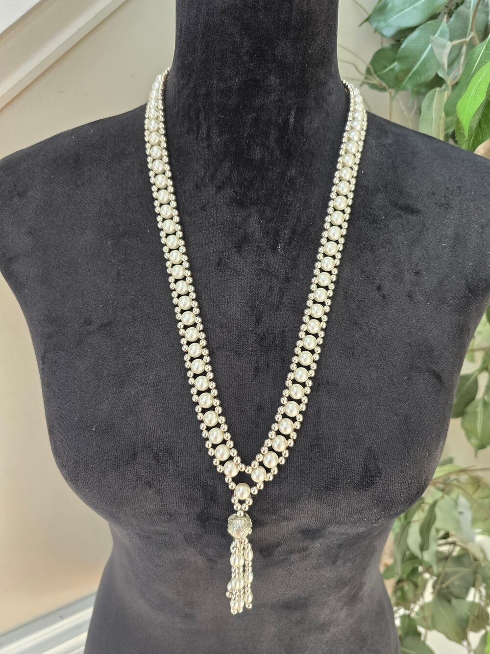 Silver Tone Rhinestone Faux Pearl Tassel Long Statement Necklace